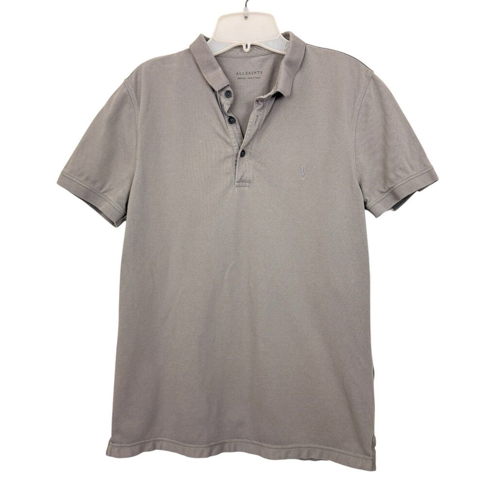 All Saints Cotton Polo Shirt Mens Sz M Gray Short Sleeve Runs Small